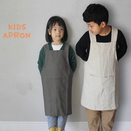Solid Color Cotton And Linen Childrens Apron Household Kitchen Anti-Dirty Overalls Drawing And Painting Strap Apron For Kids