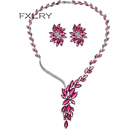 FXLRY Lucky Flower Vine Super Flash AAA Zircon Engagement Earrings And Pendant&Necklace Jewelry Sets