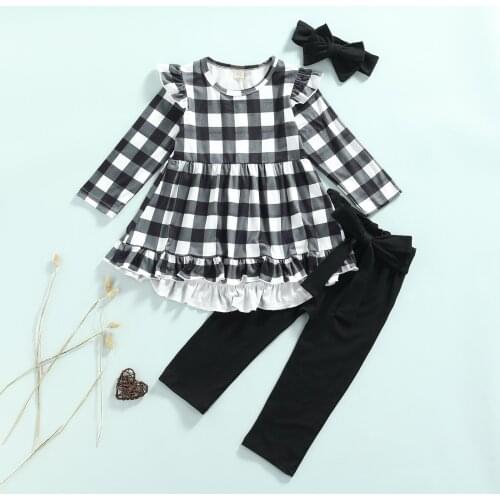 3Pcs Little Girls Outfit Sweet Style Plaid/Solid Lace Splicing Wide Hem Long Sleeve Round Collar Tops + Pants + Headwear 1-6T