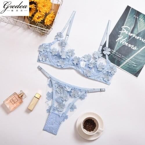 Hot Sale Multi-Color New Flower Embroidery Womens Underwear Set Underwire Gather Ladies Bra Suit Mesh See-Through Sexy Lingerie