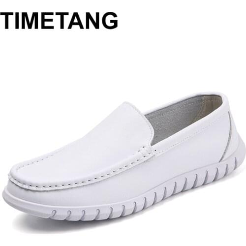 TIMETANG New White Men Casual Shoes Soft Leather Comfortable Doctor Nurse Work Flats Business Loafers Men Designer Shoes