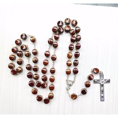 QIGO Religious Catholic Pray Jewely Acrylic Big Beads Rosary Neckalce Long Cross Pendant Necklace For Men Women