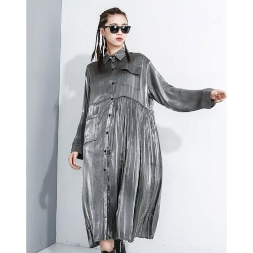 Big Size Dress Black Pleated Split Big Size Shirt Dress New Lapel Long Sleeve Loose Fit Fashion Tide Spring Autumn 2021 Dress