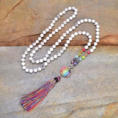 New Rainbow Natural Stones Chakra Heart-shaped Om Charm Pendant Tassel Necklace Women 108 Mala Rosary Necklace Knotted Jewelry