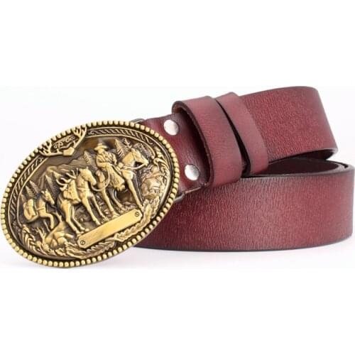 Men genuine leather belt west cowboy buckle golden Indian Knight pattern Forest hunter cow leather belt gift for male