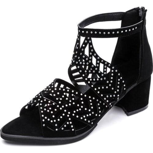 Thick with Fish Mouth Heels Sandals Women Hollow Rhinestone Shoes Bohemian Style Chunky Heels Fashion Sexy Sandalen Gladiator