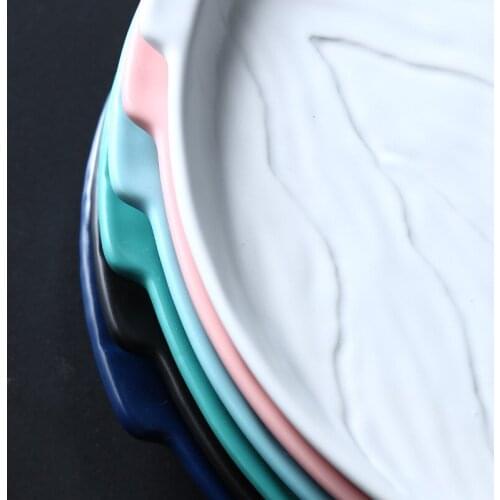 Nordic round binaural with handle large hotel Western food plate multi-function ceramic plate solid color dessert cake plate