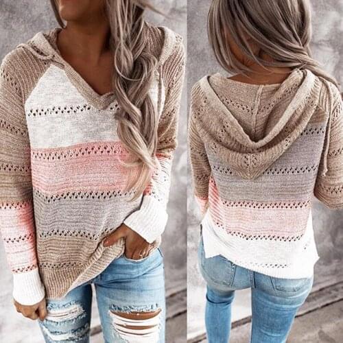 Baggy Hoodies Women Contrast Patchwork Hollow Out Rib Knitted Sweatshirt Poleron Mujer Raglan Sleeve Loose Hoodie Deep V Neck