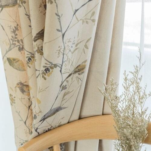 Custom Cotton and Linen Curtains for Living Room Bedroom Printing Curtains Fabric Bird Branches Retro Chinese Modern Decorative