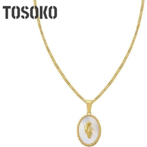 TOSOKO Stainless Steel Jewelry 18 K Gold White Seashell Rose Carving Pendant Necklace Womens Fashion Clavicle Chain BSP189