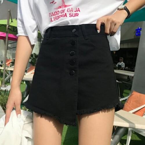 Womens Korean Casual High Waist A-Line Raw Hem Button Fly Denim Irregular Shorts Skirt