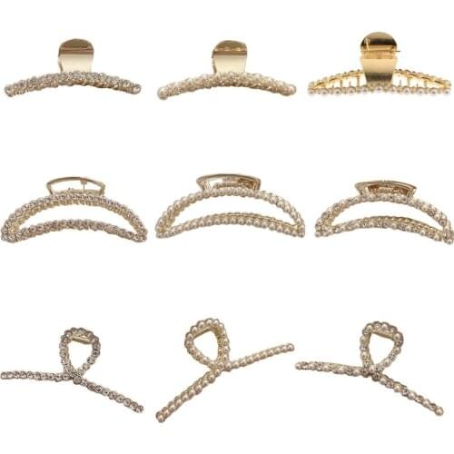 Korean Shiny Metal Hair Claw Clip Luxury Imitation Pearl Rhinestone Beaded Jaw Clamp Geometric Large Ponytail Barrettes