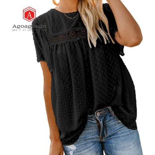 Women Summer Solid Color T-Shirts Hollow Out Design Lace Decor O-Neck Short Sleeve/Sleeveless Casual Pullovers Chiffon Top