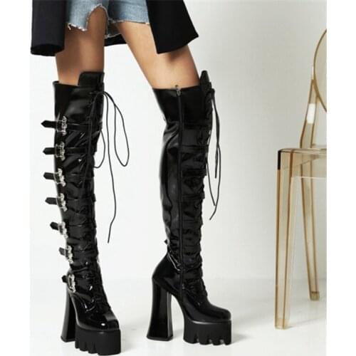 PXELENA Punk Gothic Over The Knee Boots Women Patent Leather Buckle Lace Up Riding Knight Motorcycle Cosplay Shoes Large Size 46