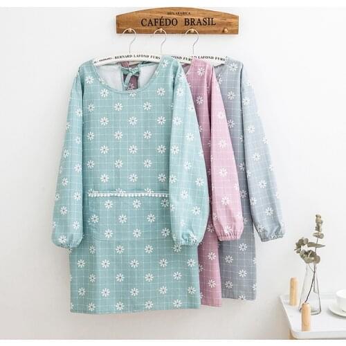 Enlarged Pocket Flower Pattern Kitchen Sleeved Apron For Women Waterproof Oil-Proof Cooking Baking Cleaning Pinafore Bib 46431