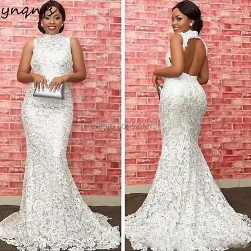 YNQNFS M17 High Neck Sleeveless Open Back Sexy Mermaid Robe Vestido Formal Dress Women Elegant Mother of the Bride Lace Dresses