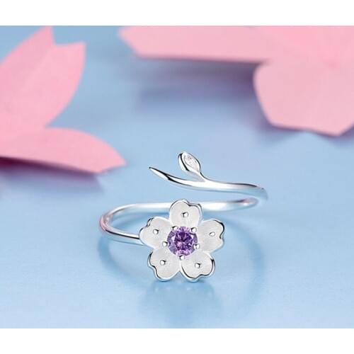 Nature Rhinestone Open Size Small Narrow Leaf Rings Adjustable Simple Pink Stone Sakura Flower Finger Ring for Women