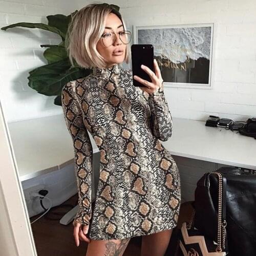 2019 New Sexy Snake Print Vintage Dress Casual Long Mini Dress Women Summer Autumn Snake Skin Printed Sexy Bodycon Party Dresses