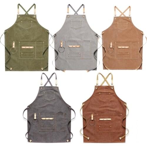 Canvas Apron Bib Leather Chef Kitchen Apron for Women Men Barista Bartender Pockets Home Barber Cook Coffee Restaurant
