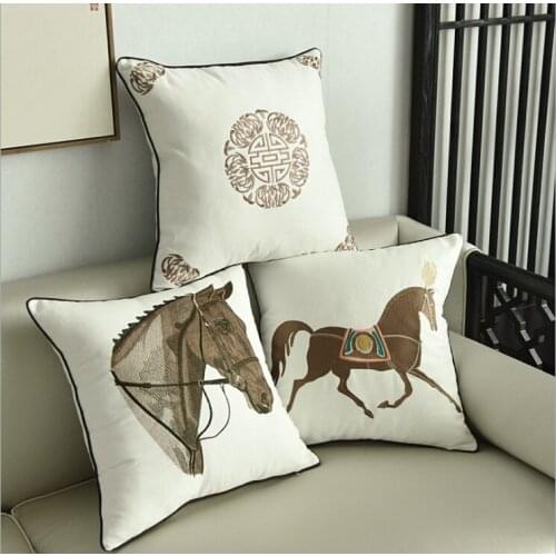 Home Decor Cotton Canvas Geometric Cushion Cover 45x45cm China Art Horse Embroidery Pillow Cover Sofa PillowCase