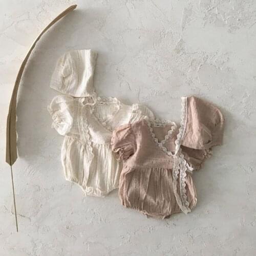 Elegant Princess Girls Lace Romper Cotton Knit Short Puff Sleeve Infant Jumpsuit for Toddler Girls Overalls Children Clothing