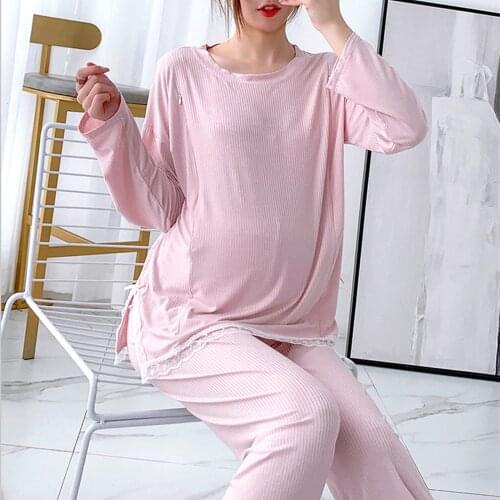 Fdfklak Spring New 2Pcs/Set Long Sleeve Maternity Nursing Sleepwear Set Breast Feeding Pajamas Pregnancy Nightwear Cotton