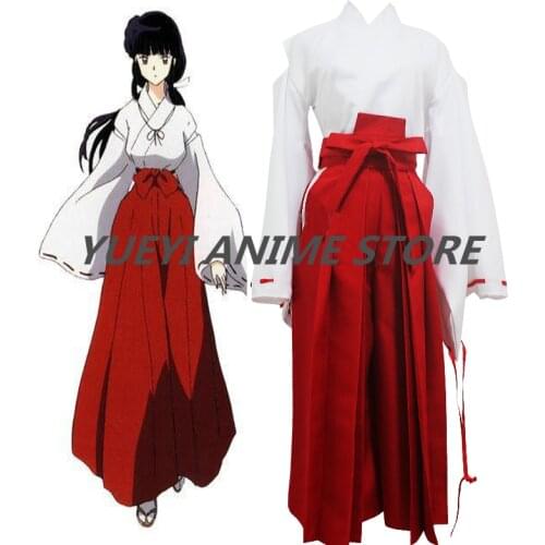 InuYasha Kikyo Miko Kimono Cosplay Costume Japanese Witch Costume Womens White Kimono Red Hakama Pants Outfit Halloween Costume