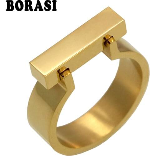 Classics Stainless Steel Jewelry Horseshoe Flat Shackle Brand Ring Punk Finger Love Ring Gold Color Square Shape Ring For Women