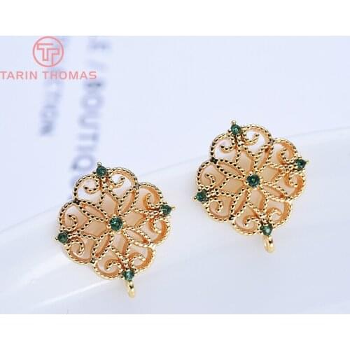 4PCS 10x12MM 24K Gold Color Brass with Zircon Hollow Rectangle Stud Earrings High Quality Diy Jewelry Findings Accessories