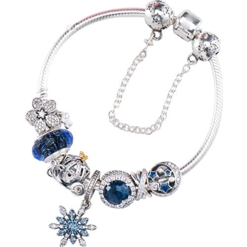 NEW 100% 925 Sterling Silver Brand New 1:1 Genuine Glamour Night and Star Shine Snowflake Bracelet Set Elegant Temperament Set