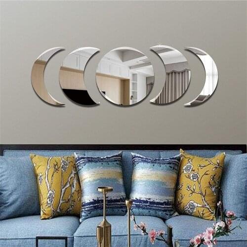 Moon Mirror Acylic Wall Decal Stickers Scandinavian Bohemia Reflective Moon Phrase Mirror Set Hanging Art Crescent Aesthetic Dec