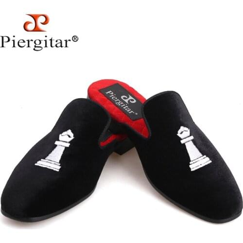 Piergitar 2018 new designs Handmade women velvet slippers of Queens Chess Embroidery same designs Couple shoes