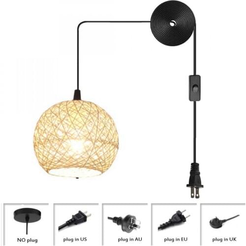 Woven Rattan Plug In Ceiling Light Fixture, 1 Light Beige Pendant Hanging Lamp, Curved Mini Pendant Lighting for Kitchen Island