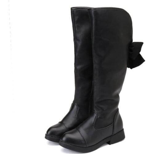 MudiPanda Genuine Leather Kids Snow Boots 2021 New Winter Female Girls Princess Bowknot Knee-length Martin Boots Warm Slip-On