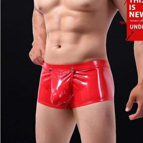 Sexy COCK Ring Plus Size Boxers Open Hollow Shiny Faux Leather Stage U Convex Pouch Gay Wear Jockstrap Erotic lingerie F15