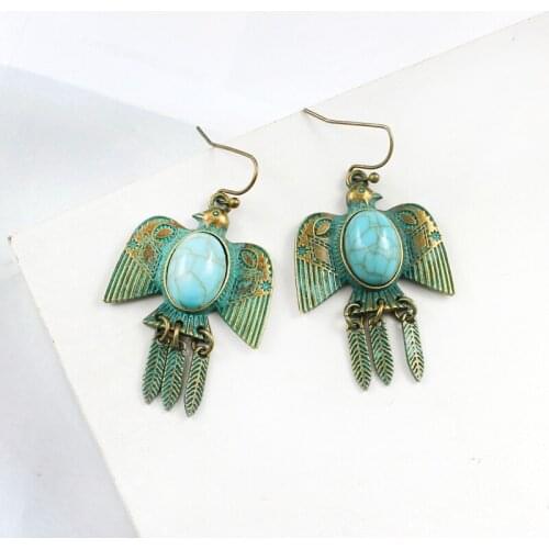 Personality Vintage Bird Geometry Drop Pendant Eagle Kite Feather Fringe Stone Earrings Female National Wind Fashion Jewelry