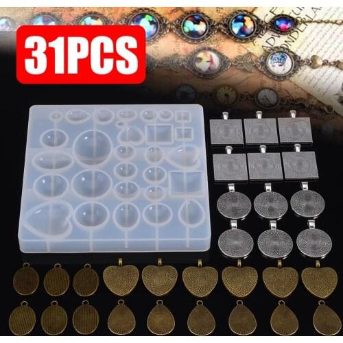 31pcs New Resin Molds Silicone Mold Crystal Square/Round/Oval /Heart/Teardrop Pendant Tray DIY Jewelry Pendant Making Findings