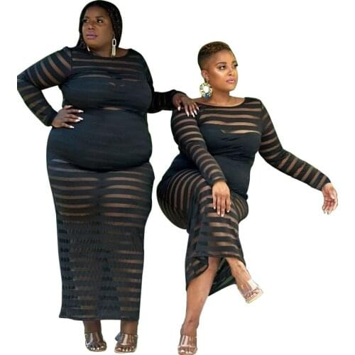 Sexy Mesh See Through Long Bodycon Dress Women Plus Size L~4XL Full Sleeve Skinny Elegant Club Party Dresses Robes Clothing