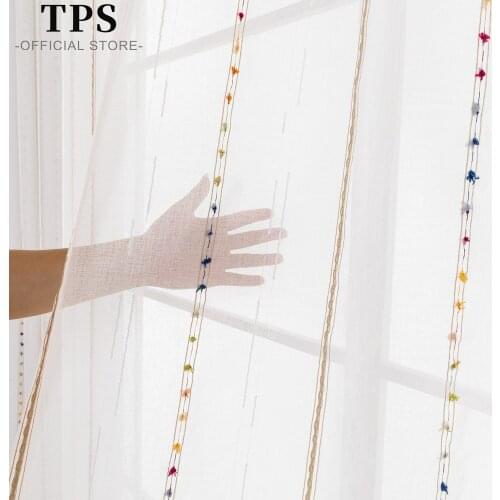 TPS Tulle Colorful Striped Embroidered Voile Curtains for Living Room Window Treatment Sheer Curtains for Bedroom Kitchen Drapes