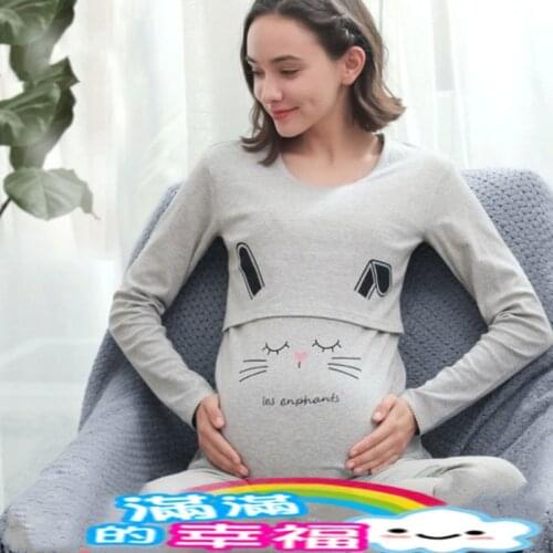 Comfortable Specially Easy Breastfeeding Design Cartoon Maternity Nursing T-shirt Pajama Long Sleeve Top Home Clothing Cotton