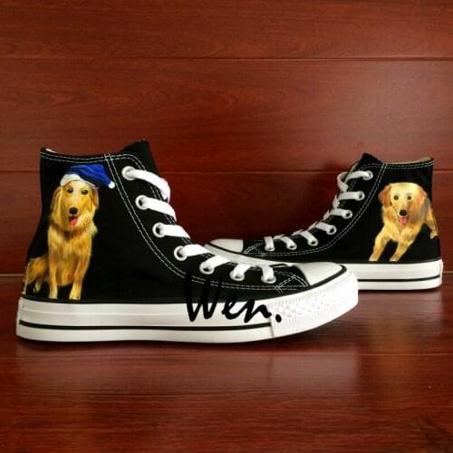 Wen Original Design Custom Hand Painted Shoes Pet Dog Golden Retriever Black High Top Men Womens Canvas Sneakers