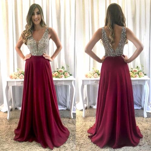 Vestidos de fiesta 2019 Burgundy Bling Bling V Neck Prom Dresses Long Open Back Beaded Crystal Formal Evening Gowns