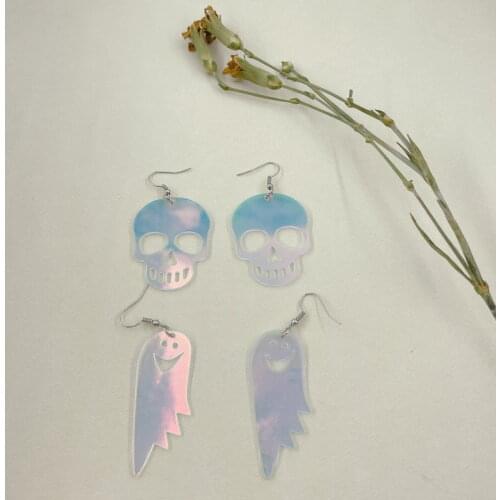 Vintage Harajuku Skull Head Ghost Earrings for Women Acrylic Halloween Y2k Jewelry Earrings Goth Mirror Surface Change Color New