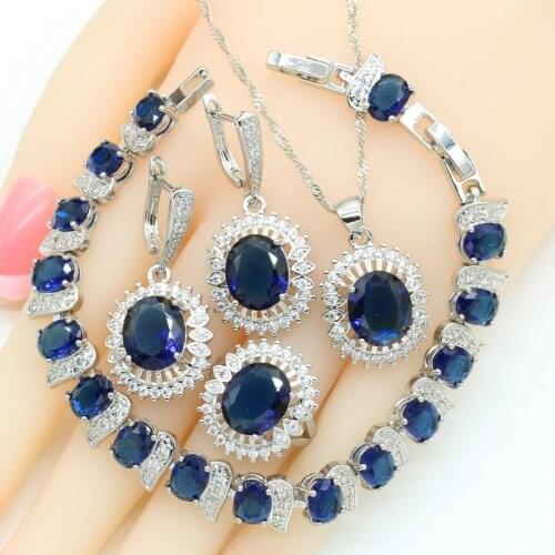 Dubai Silver Color Bridal Jewelry Sets Royal Blue Semi-precious For Women Bracelet Earrings Necklace Pendant Rings Gift Box