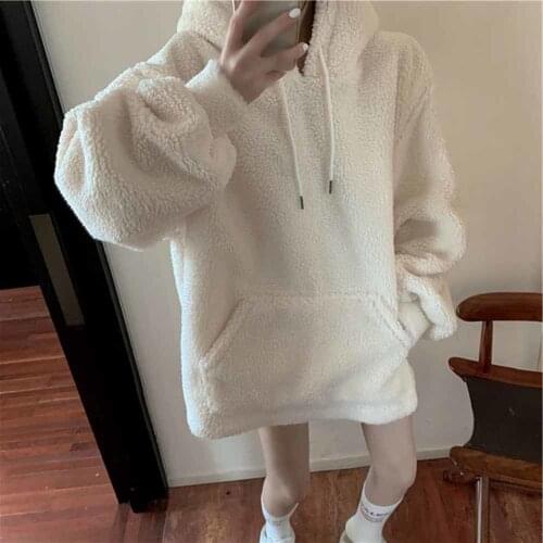 Women Hoodies Sweatshirts Loose Minimalist Winter Plus Velvet Student All-match Ladies Pullovers Solid Lazy Korean Style Leisure