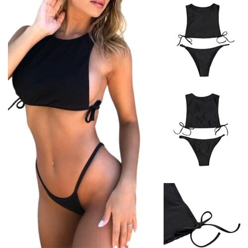 Women Fashion Two-piece Swimming Suit Sleeveless Solid Color Tops+Bottoms Set For Ladies New Fashion 2021
