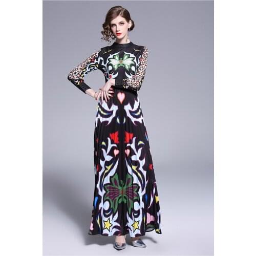 Womens European fashion spring summer long sleeve leopard print dress female high waist runway slim chic long dress TB922