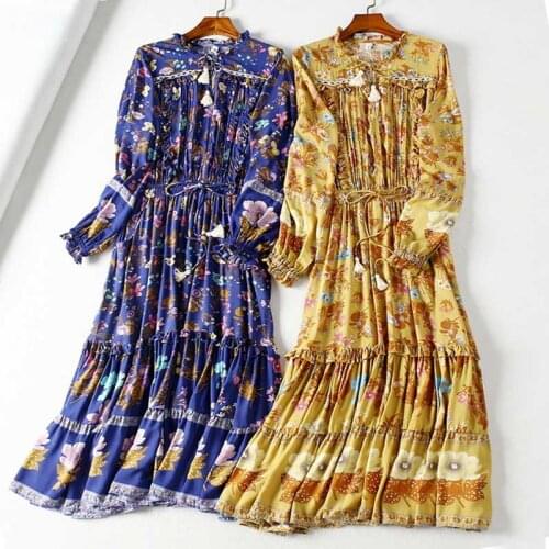 Super Chic navy floral bloom frill women dress V-neck drawstring tie long boho dress gypsy chic Spring summer dress 2020 new