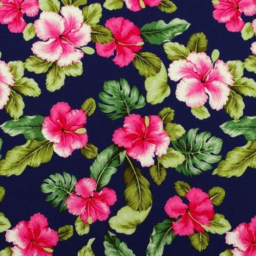 1 Yard Cotton Poplin Fabric for Sewing Patchwork, Dress, Cloth - Flower and Leave on Deep Blue Background (width=140cm)