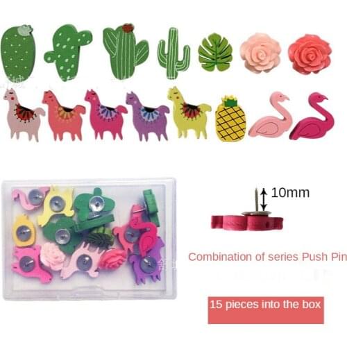15pcs Office Drawing Pin Cork Fixed Cactus Pushpin Push Pin Wooden Wall Thumbtack Flamingo Tack Pin Stationery Binding Supplies